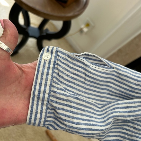 Boden Blue and White Striped Cropped Linen Shirt - Picture 2 of 7